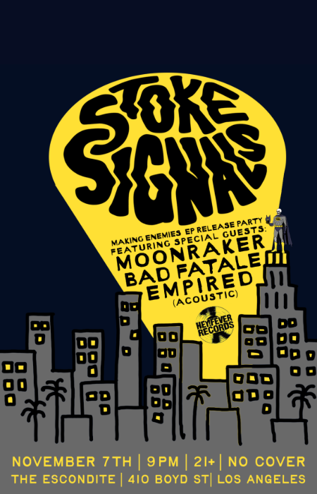 Drawing of a gray city skyline and scattered palm trees. A yellow spotlight beam that says STOKE Signals projected into the black sky as Batman stands atop the tallest skyscraper