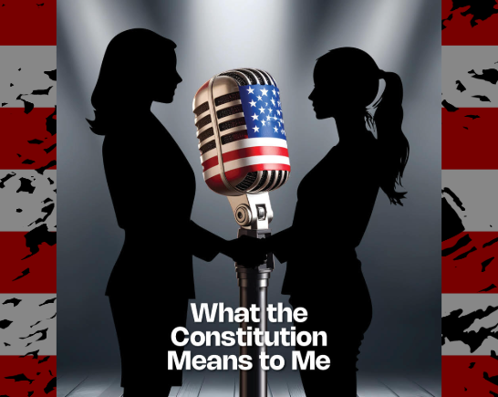 Black silhouettes of two women facing each other. A microphone with an American flag on it is between them