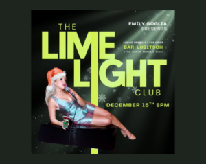 blonde female in cocktail dress wears a santa hat as she leans back and sings into a microphone