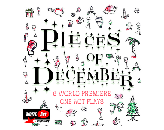 Christmas decorations over a white background with the words Pieces of December
