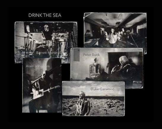 Black and white photos clockwise of Barrett Martin, Lisette Garcia, Peter Buck, Duke Garwood and Alain Johannes
