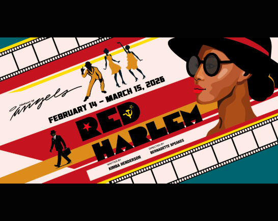 Image of the head of an African American woman wearing a black rimmed hat and sunglasses, the silhouette of a man in a black suit wearing a fedora, carrying a suitcase and three 1930's style African American dancers dressed in yellow adorn the poster for the play Red Harlem