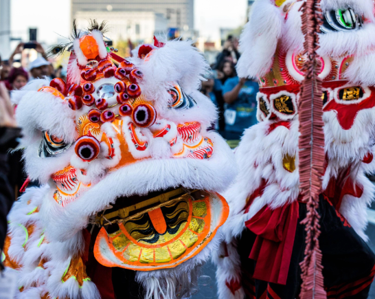 Brightly colored dragon puppets at Lunar New Year celebration