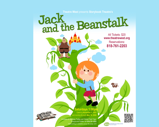 Cartoon drawing of boy with red hair and rosy cheeks climbing a beanstalk toward a giant dressed in medieval clothes before a castle in the cloud is a Show poster for play Jack and the Beanstalk