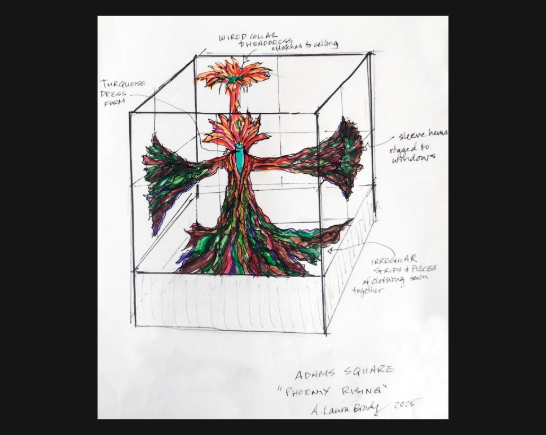 Drawing of art installation Phoenix Rising, a room-sized robe made from discarded, unwanted clothing donations left over from the LA wildfires