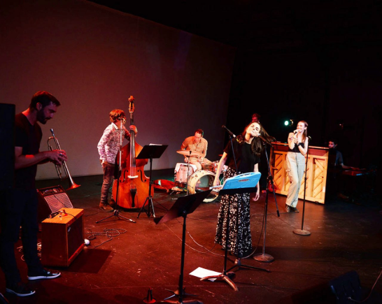 Musicians play onstage at the Odyssey Theatre in Los Angeles