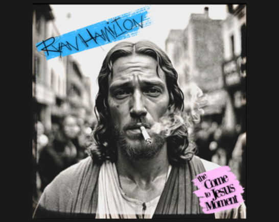 A black and white photo of a city street full of people in the background. Centered at forefront a man who looks like a very tired Jesus stares ahead with a lit cigarette hanging from his lips