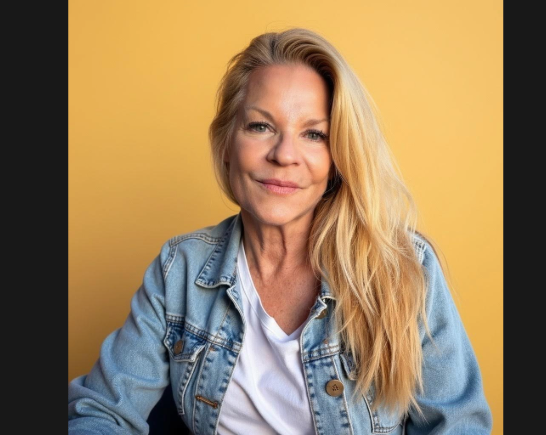 Comedian Debbie Kasper wears a blue denim shirt and white tee shirt in front of a yellow background