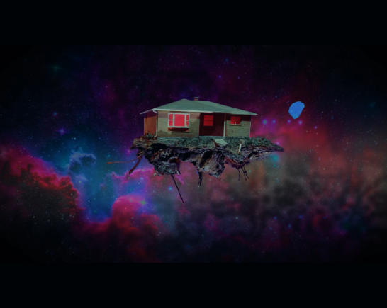 a psychedelic house floats through space