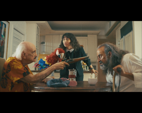 two old men sit facing each other at a kitchen table. One is accompanied by a bright red parrot points a pistol at the other... A younger woman stands between them seeming to attempt to deescalate the situation