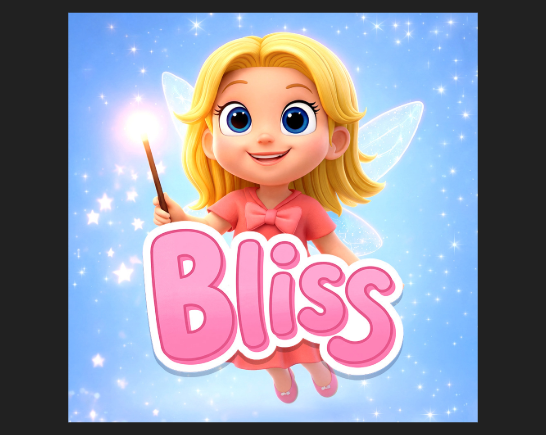 image of Bliss the blonde blue eyed Friendly Fairy, who lives in Sparkle Forest alongside her spirited wand Wandie and unicorn companion Starlight