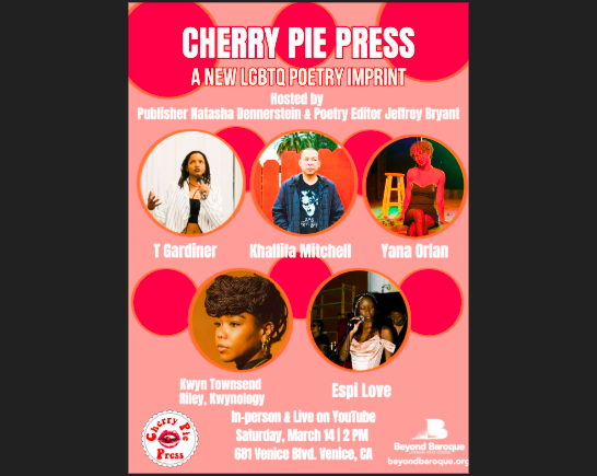 Poster for Cherry Pie Press poetry reading at Beyond Baroque that is pink with red circles, white text and five faces of poets featured