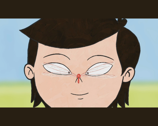 Animated face of Japanese girl with short dark hair, eyes on her nose, where sits a red dragonfly