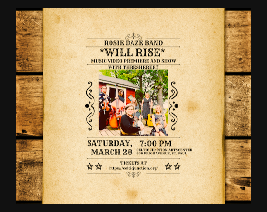 all female Bluegrass band Rosie Daze poster image in color over beige background on top of wooden siding