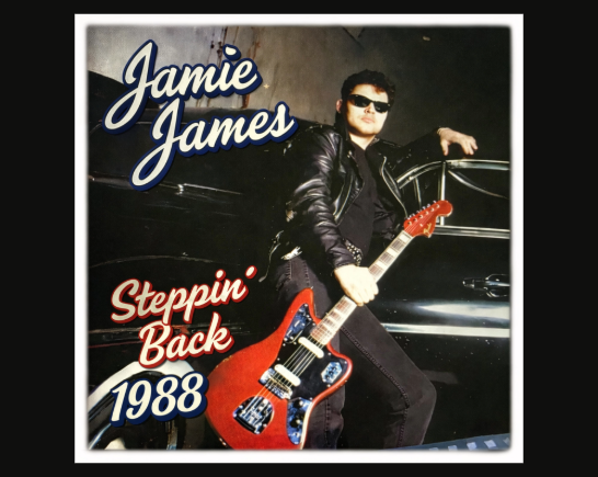 Album cover for Rock-a-Billy musician Jamie James. A man with dark hair and sunglasses wears a black leather jacket and holds a red fender electric guitar with a black pickguard. He leans against a black vintage car with chrome trim.