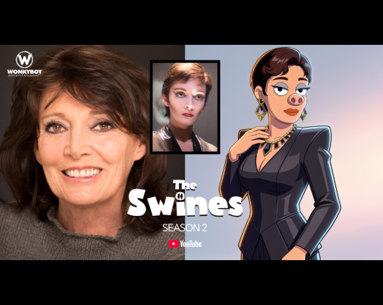 Actress Sarah Douglas headshot next to the cartoon characters she plays in Oinkersfield