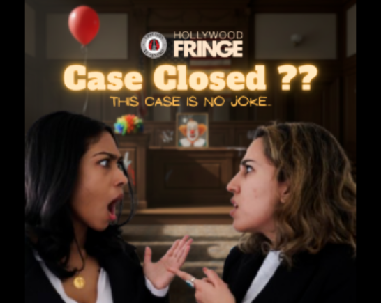 Two female lawyers wearing business suits argue a legal case in a courtroom in front of a clown judge