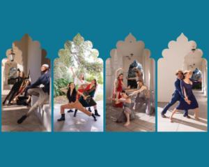 Four scenes of dancers in series of performances at Brand Library in Glendale CA