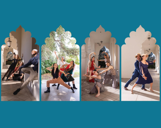 Four scenes of dancers in series of performances at Brand Library in Glendale CA