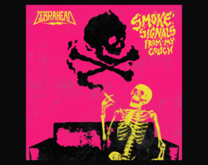 a skeleton smokes on a black couch in a pink room