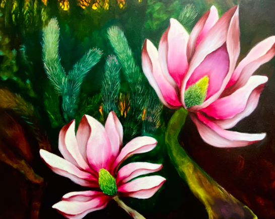 Vibrant pink and white magnolia blossoms on a rich background of green and gold foliage