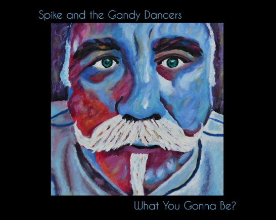 an artist rendering of a mustached man's face in blues and red pastels