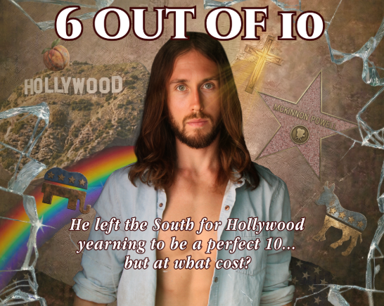 Image of bearded man with long dark hair and an open shirt with a beige background with a rainbow