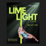 Woman Singer in tight blue dress leans backward resting in a spotlight
