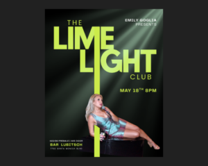 Woman Singer in tight blue dress leans backward resting in a spotlight
