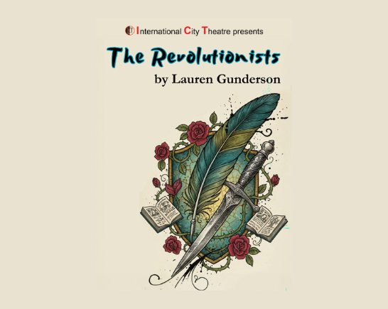 A blue green feather quill pen, a silver blade, diary books atop a shield adorned with thorny roses