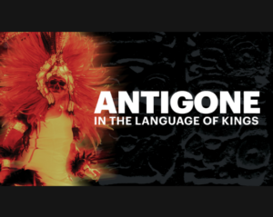 A performer with mask and orange headdress on a poster for Antigone: In the Language of Kins at the Getty Villa