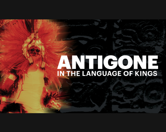 A performer with mask and orange headdress on a poster for Antigone: In the Language of Kins at the Getty Villa