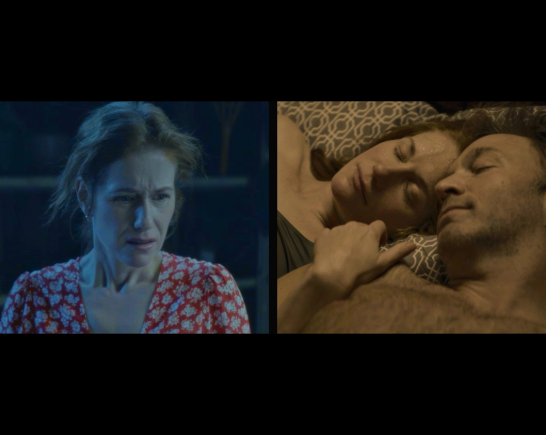 split screen from the film TEMPEST with actress Erica Piccininni to the left and Piccininni with actor Josh Bywater