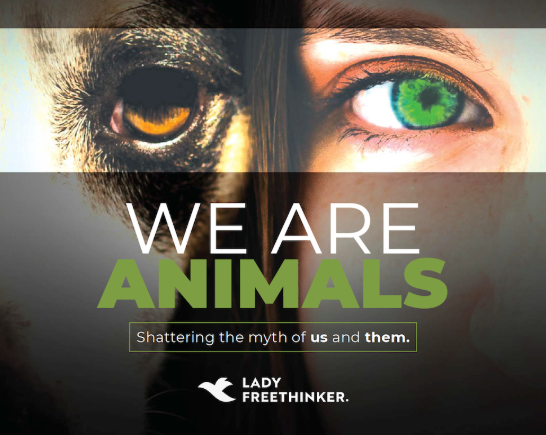 a split photo of a pair of eyes the left side human, the right side animal for the documentary 'We Are Animals'