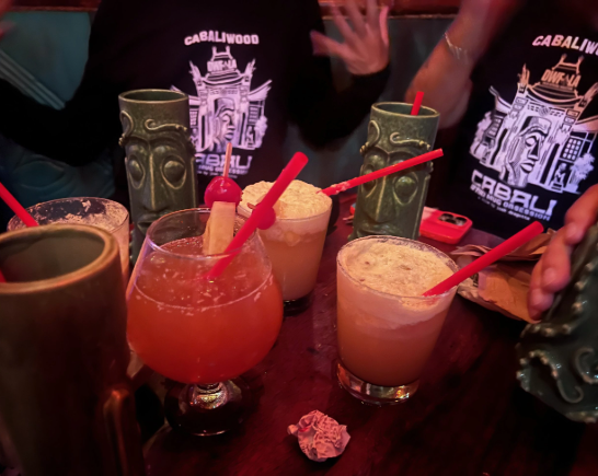 Fancy drinks in tiki mugs