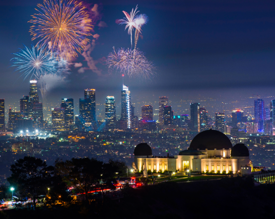 Los Angeles skyline, Griffith Park Observatory and fireworks