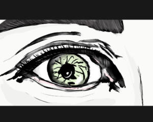 Animated drawing of woman's of left eye with a green iris