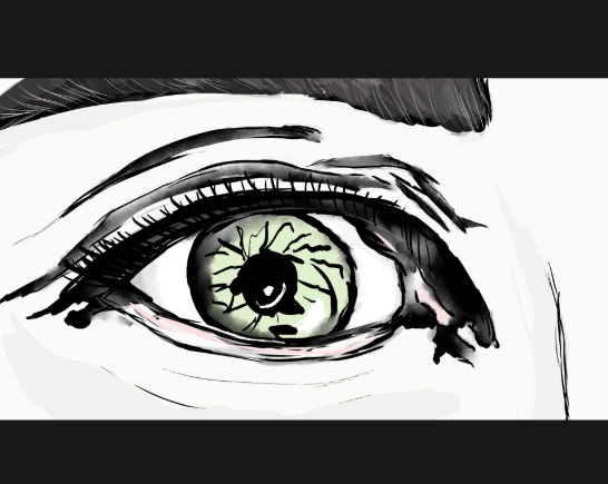 Animated drawing of woman's of left eye with a green iris