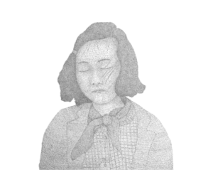 black and white drawing of a woman with mid-length dark hair pulled back from her face. Head slightly tilted with eyes closed