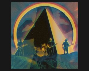 A psychedelic Image of a pyramid with an rainbow arch above it with the rock band Gale Forces standing at the base