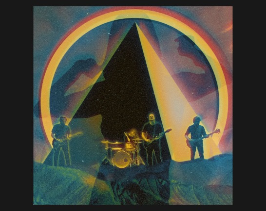 A psychedelic Image of a pyramid with an rainbow arch above it with the rock band Gale Forces standing at the base
