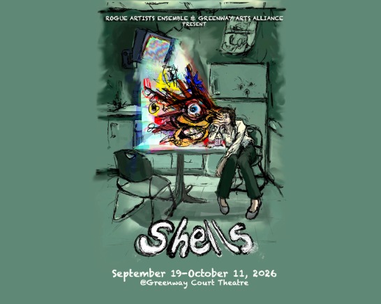 drawing of girl in a kitchen sits at table, head in hands as her head seems to explode in bright colors of an eyeball and seemingly chaotic thoughts