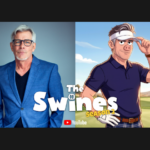 Image of actor tim williams in a dark teeshirt next to his cartoon character image Tom Willderhog from The Swines
