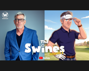 Image of actor tim williams in a dark teeshirt next to his cartoon character image Tom Willderhog from The Swines