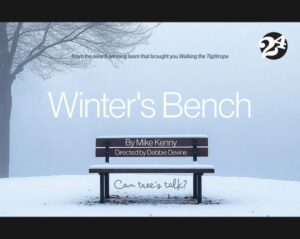 A winter scene of an empty park bench dusted with snow beneath a leafless tree.