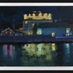 Oil painting of night scene of bath house reflected off body of water