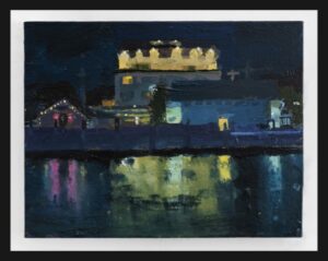 Oil painting of night scene of bath house reflected off body of water