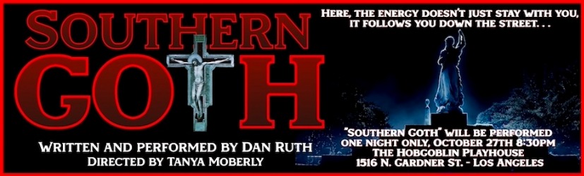 Dark image of graveyard with angel stature in moonlight. The words Southern Goth in bold dark letters. The T is a crucifix.