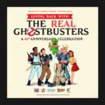 Cartoon image of the 5 characters of The Real Ghostbusters in jumpsuits holding Flux Capacitators