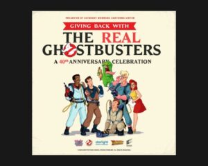 Cartoon image of the 5 characters of The Real Ghostbusters in jumpsuits holding Flux Capacitators